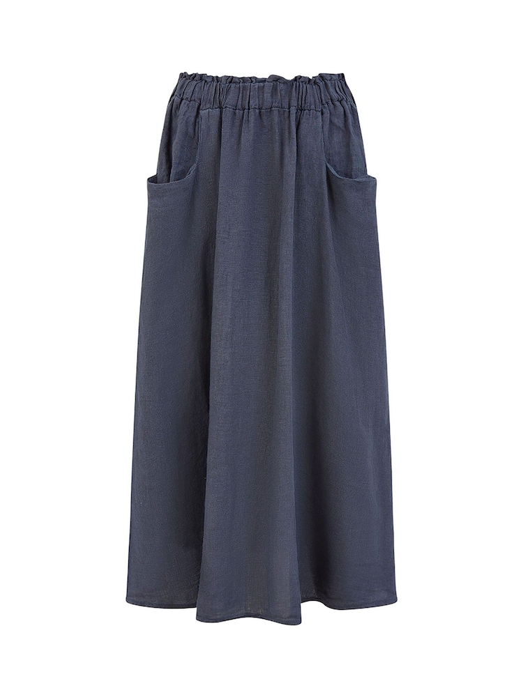 Yumi Blue Italian 100% Linen Midi Skirt With Pockets - Image 4 of 4