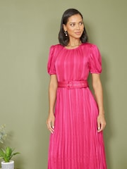 Yumi Pink Satin Striped Midi Dress With Pleats and Matching Belt - Image 1 of 4