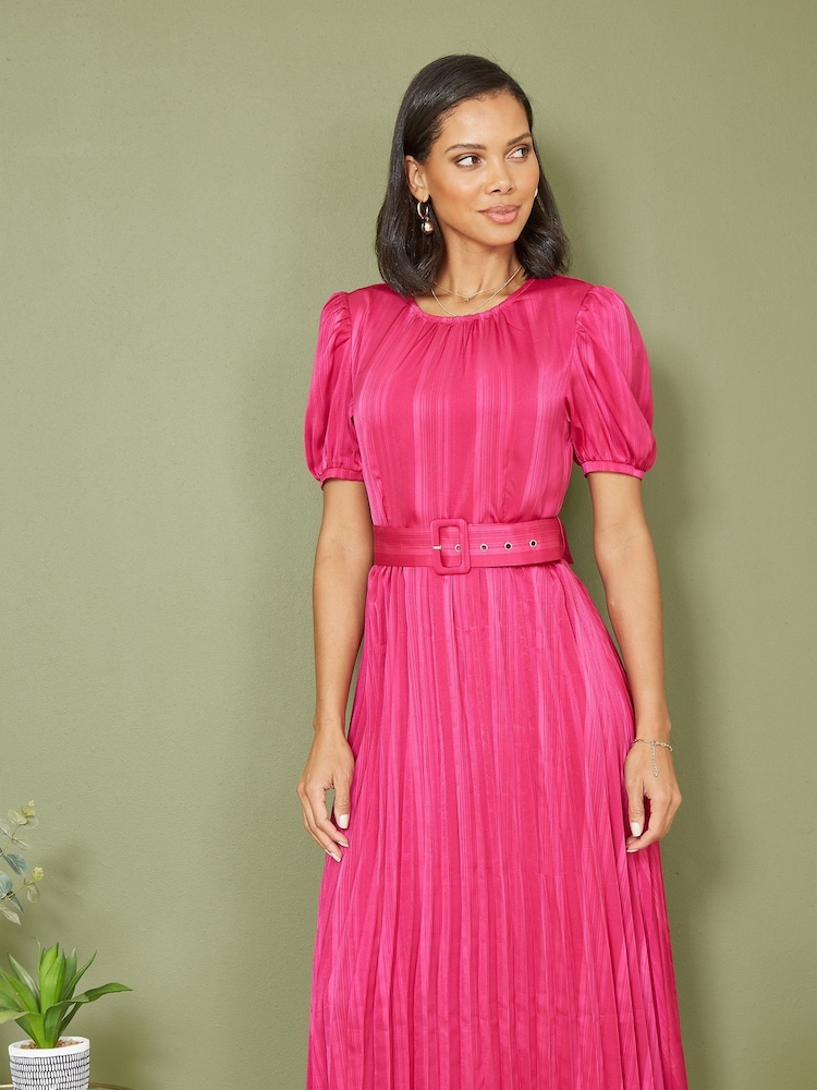 Yumi Pink Satin Striped Midi Dress With Pleats and Matching Belt - Image 1 of 4