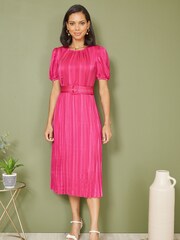 Yumi Pink Satin Striped Midi Dress With Pleats and Matching Belt - Image 2 of 4