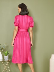 Yumi Pink Satin Striped Midi Dress With Pleats and Matching Belt - Image 3 of 4