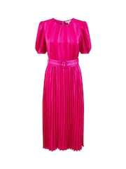 Yumi Pink Satin Striped Midi Dress With Pleats and Matching Belt - Image 4 of 4