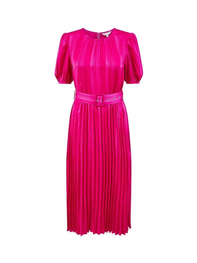 Yumi Pink Satin Striped Midi Dress With Pleats and Matching Belt - Image 4 of 4