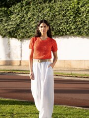 Yumi White Italian 100% Linen Wide Leg Trousers With Belt - Image 1 of 5