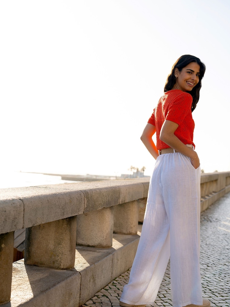 Yumi White Italian 100% Linen Wide Leg Trousers With Belt - Image 5 of 5