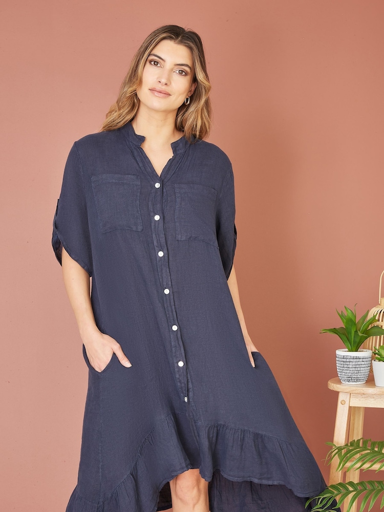 Yumi Blue Italian 100% Linen Shirt Dress With Frill Hem - Image 1 of 4