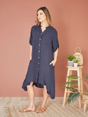 Yumi Blue Italian 100% Linen Shirt Dress With Frill Hem - Image 2 of 4