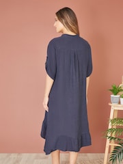 Yumi Blue Italian 100% Linen Shirt Dress With Frill Hem - Image 3 of 4