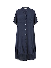 Yumi Blue Italian 100% Linen Shirt Dress With Frill Hem - Image 4 of 4