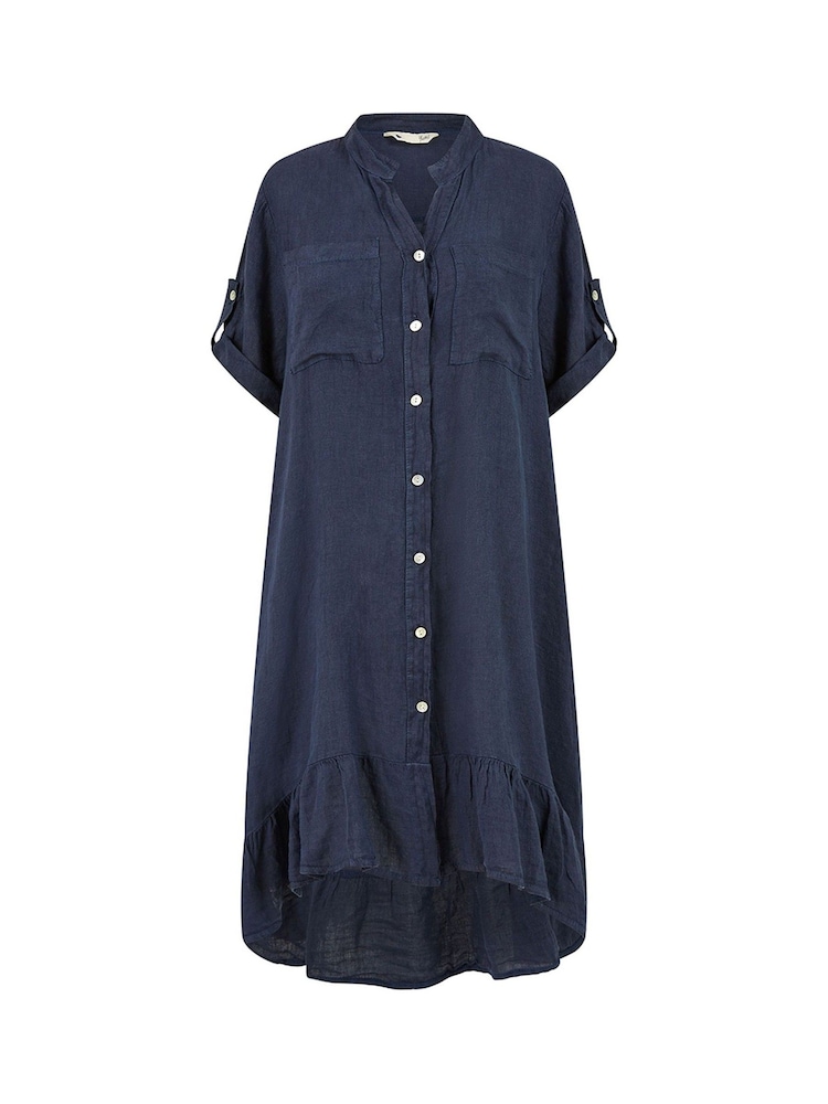Yumi Blue Italian 100% Linen Shirt Dress With Frill Hem - Image 4 of 4