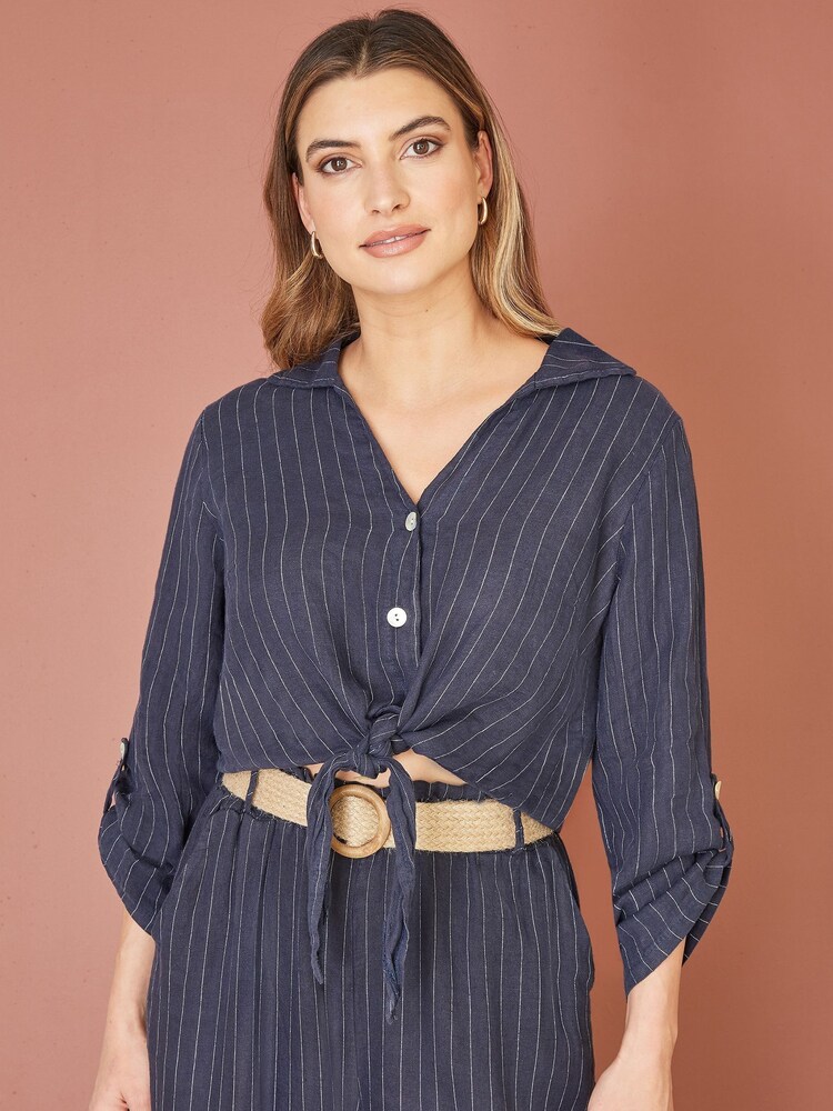 Yumi Blue Striped Italian 100% Linen Shirt - Image 1 of 4