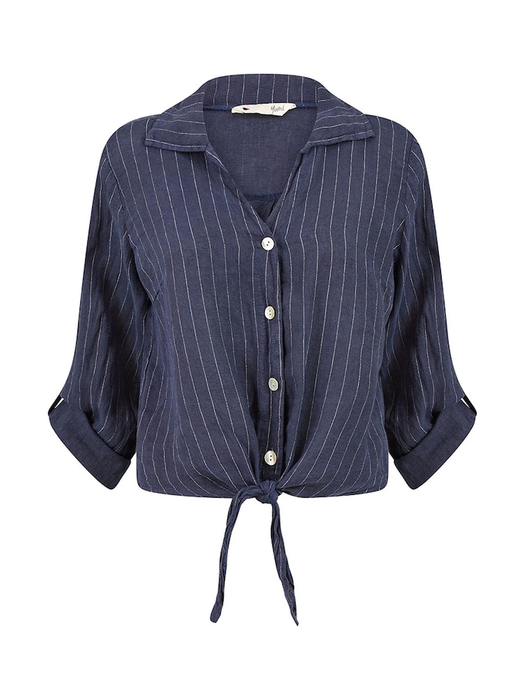 Yumi Blue Striped Italian 100% Linen Shirt - Image 4 of 4