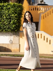 Yumi Natural Viscose Look Midi Shirt Dress With Wooden Belt - Image 1 of 5