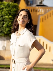 Yumi Natural Viscose Look Midi Shirt Dress With Wooden Belt - Image 2 of 5