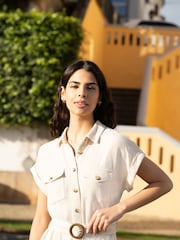Yumi Natural Viscose Look Midi Shirt Dress With Wooden Belt - Image 4 of 5
