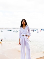 Yumi White Italian 100% Linen Wide Leg Trousers With Belt - Image 2 of 6