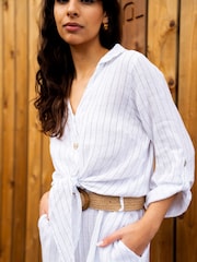 Yumi White Italian 100% Linen Wide Leg Trousers With Belt - Image 5 of 6