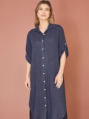 Yumi Blue Italian 100% Linen Hand Dip Dyed Midi Shirt Dress With Turn Up Sleeves - Image 1 of 4