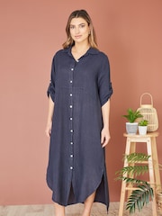 Yumi Blue Italian 100% Linen Hand Dip Dyed Midi Shirt Dress With Turn Up Sleeves - Image 2 of 4