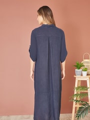 Yumi Blue Italian 100% Linen Hand Dip Dyed Midi Shirt Dress With Turn Up Sleeves - Image 3 of 4