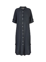 Yumi Blue Italian 100% Linen Hand Dip Dyed Midi Shirt Dress With Turn Up Sleeves - Image 4 of 4