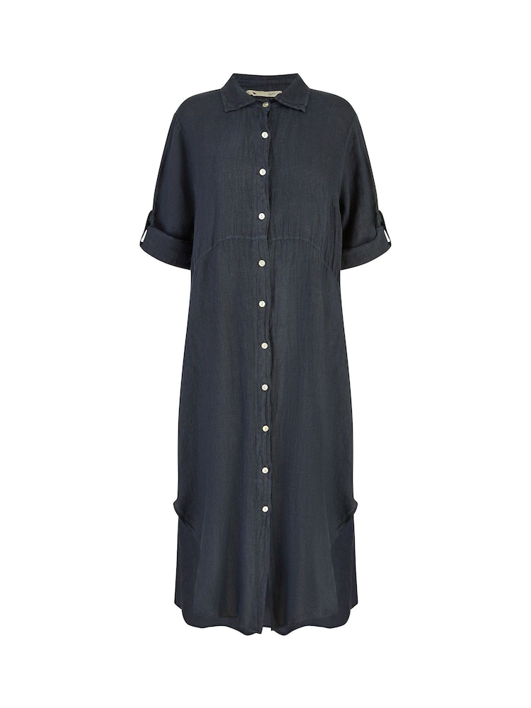 Yumi Blue Italian 100% Linen Hand Dip Dyed Midi Shirt Dress With Turn Up Sleeves - Image 4 of 4