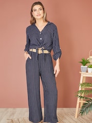 Yumi Blue Italian 100% Linen Wide Leg Trousers With Belt - Image 1 of 4