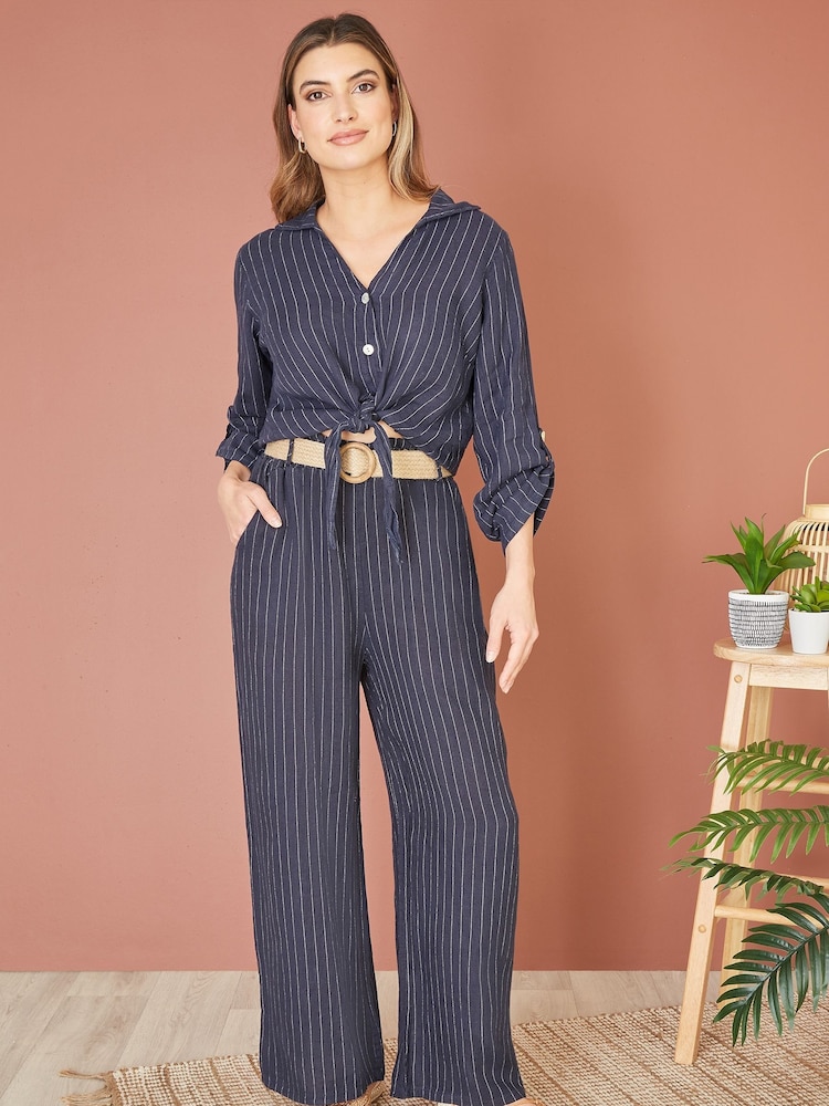 Yumi Blue Italian 100% Linen Wide Leg Trousers With Belt - Image 1 of 4