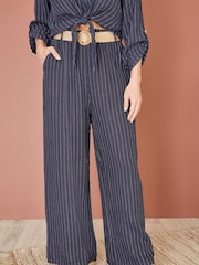 Yumi Blue Italian 100% Linen Wide Leg Trousers With Belt - Image 2 of 4