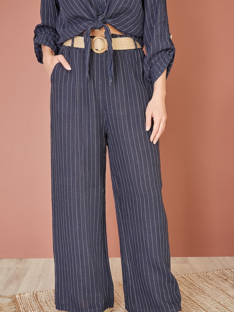 Yumi Blue Italian 100% Linen Wide Leg Trousers With Belt - Image 2 of 4
