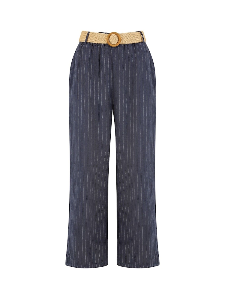 Yumi Blue Italian 100% Linen Wide Leg Trousers With Belt - Image 4 of 4