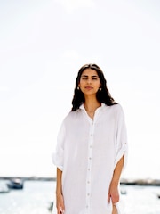 Yumi White Relaxed Fit 100% Linen Longline Shirt - Image 1 of 4