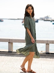 Yumi Green Italian 100% Linen Shirt Dress With Frill Hem - Image 1 of 5