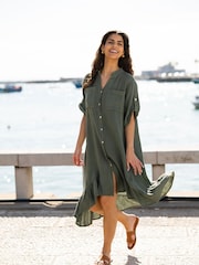 Yumi Green Italian 100% Linen Shirt Dress With Frill Hem - Image 2 of 5