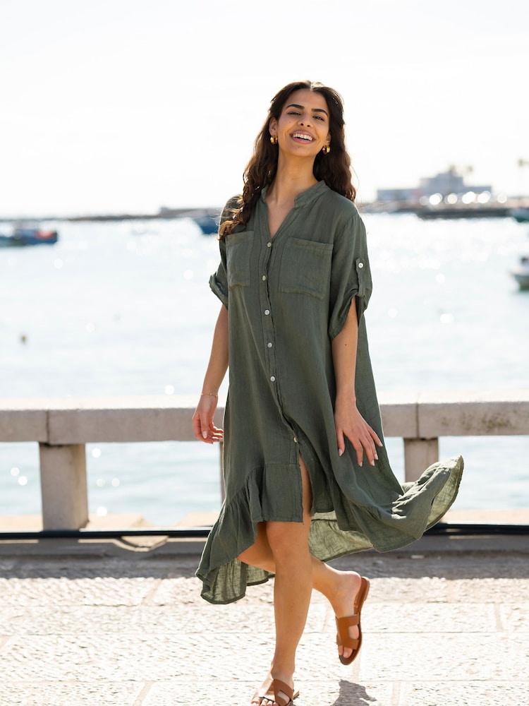 Yumi Green Italian 100% Linen Shirt Dress With Frill Hem - Image 2 of 5