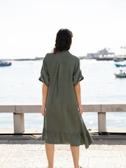 Yumi Green Italian 100% Linen Shirt Dress With Frill Hem - Image 3 of 5
