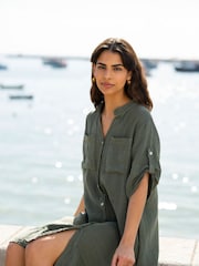 Yumi Green Italian 100% Linen Shirt Dress With Frill Hem - Image 4 of 5