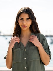 Yumi Green Italian 100% Linen Shirt Dress With Frill Hem - Image 5 of 5