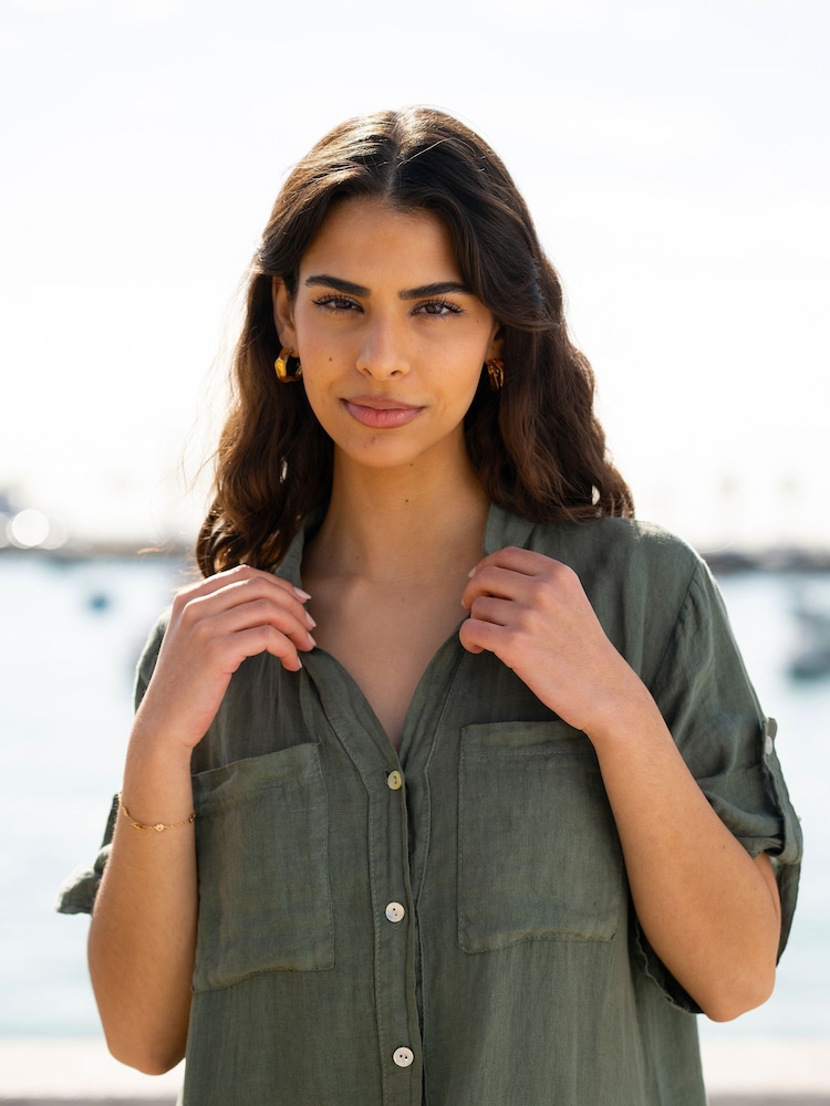 Yumi Green Italian 100% Linen Shirt Dress With Frill Hem - Image 5 of 5