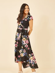 Mela Black Floral Wrap Over Dipped Hem Midi Dress - Image 2 of 6