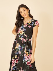 Mela Black Floral Wrap Over Dipped Hem Midi Dress - Image 3 of 6
