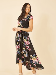 Mela Black Floral Wrap Over Dipped Hem Midi Dress - Image 4 of 6
