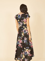 Mela Black Floral Wrap Over Dipped Hem Midi Dress - Image 5 of 6