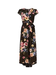Mela Black Floral Wrap Over Dipped Hem Midi Dress - Image 6 of 6
