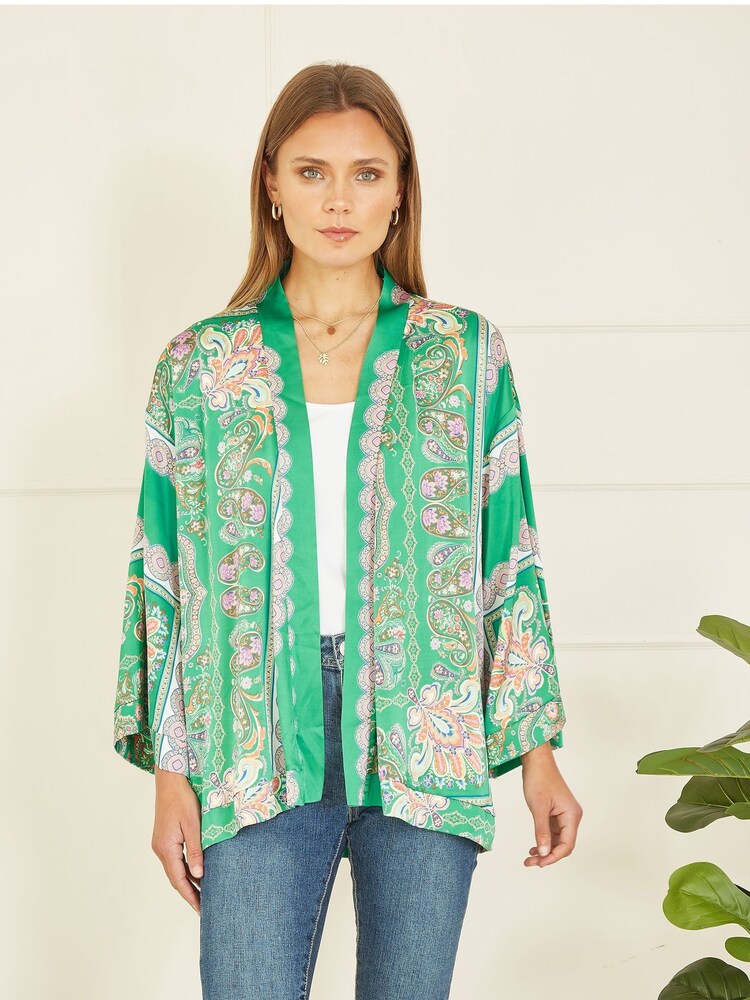 Mela Green Paisley Print Satin Kimono Jacket - Image 1 of 5