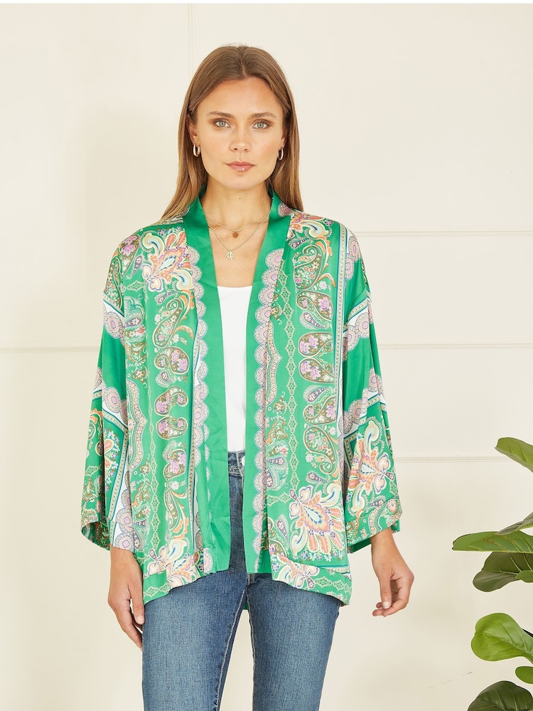 Mela Green Paisley Print Satin Kimono Jacket - Image 1 of 5 Mela Green Paisley Print Satin Kimono Jacket - Image 1 of 5