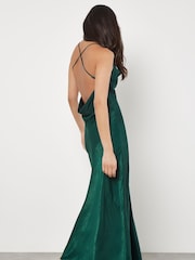 Apricot Green Backless Satin Slub Maxi Dress - Image 2 of 5
