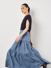 Apricot Blue 100% Cotton Tiered Denim Skirt - Image 1 of 5