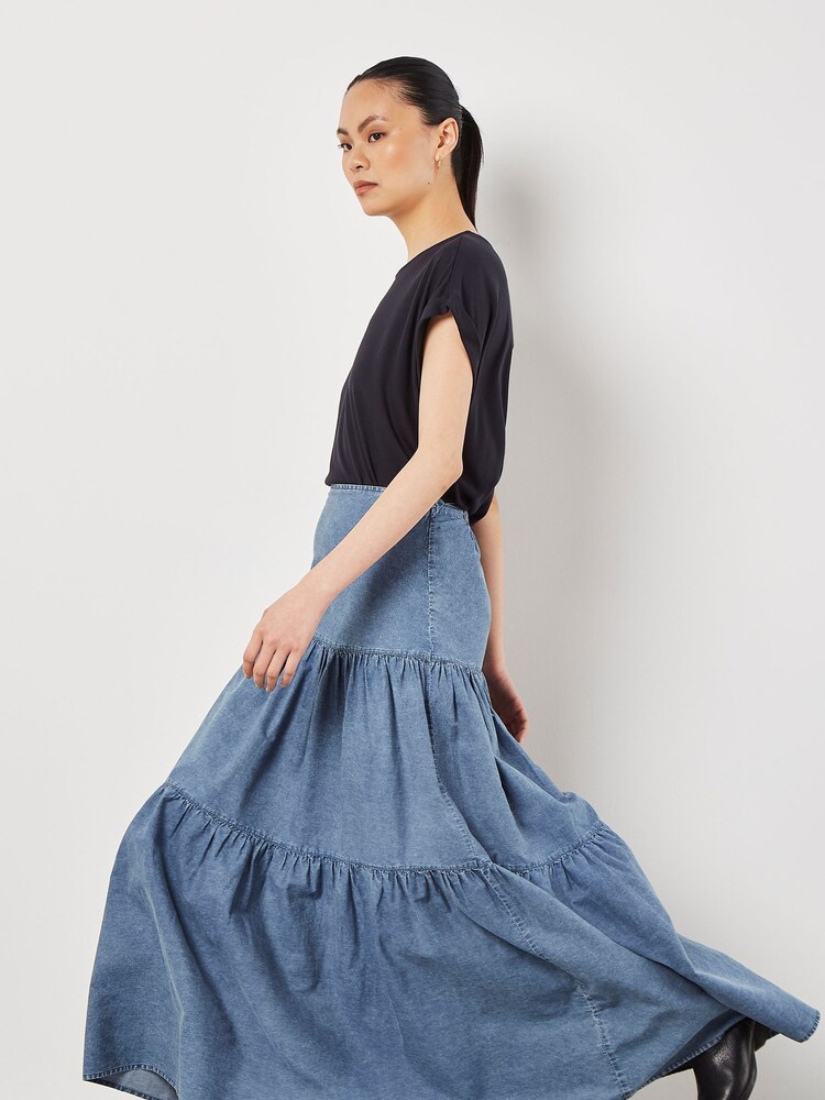 Apricot Blue 100% Cotton Tiered Denim Skirt - Image 1 of 5