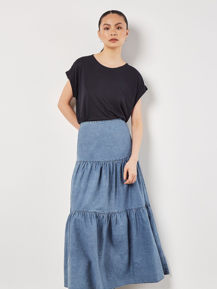 Apricot Blue 100% Cotton Tiered Denim Skirt - Image 2 of 5